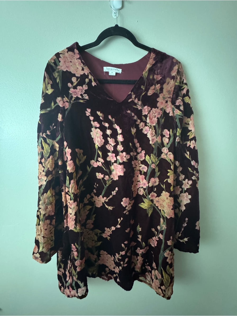 Loveriche Burgundy Velvet Floral Long Sleeve Dress Medium
